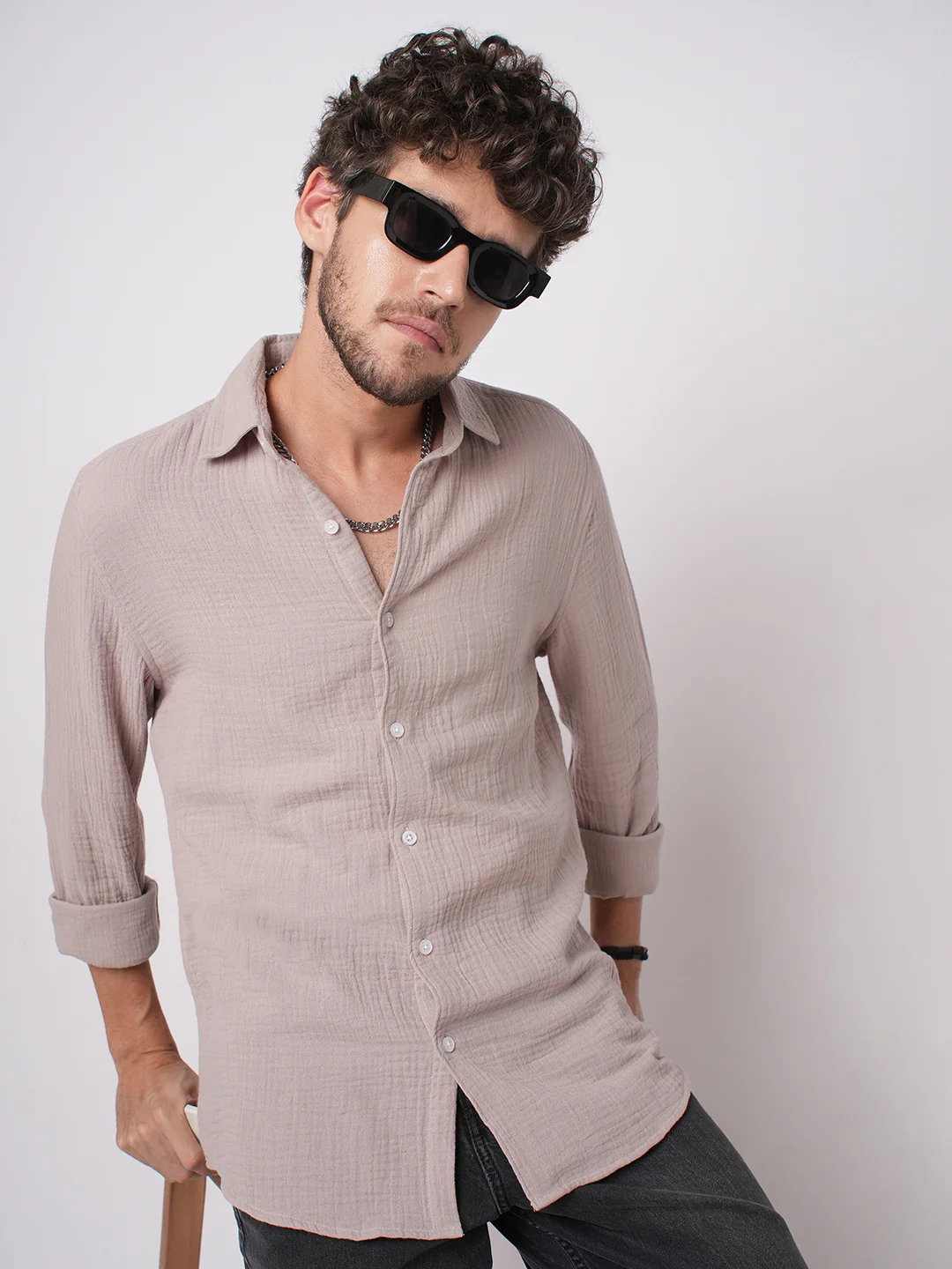 Misty Mauve Double Cloth Crinkled Shirt