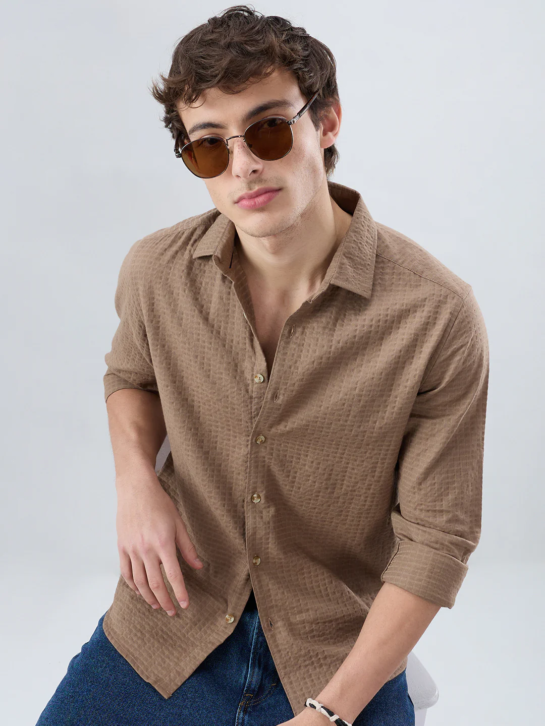 Mocha Brown Box Checks Embossed Double Cloth Shirt