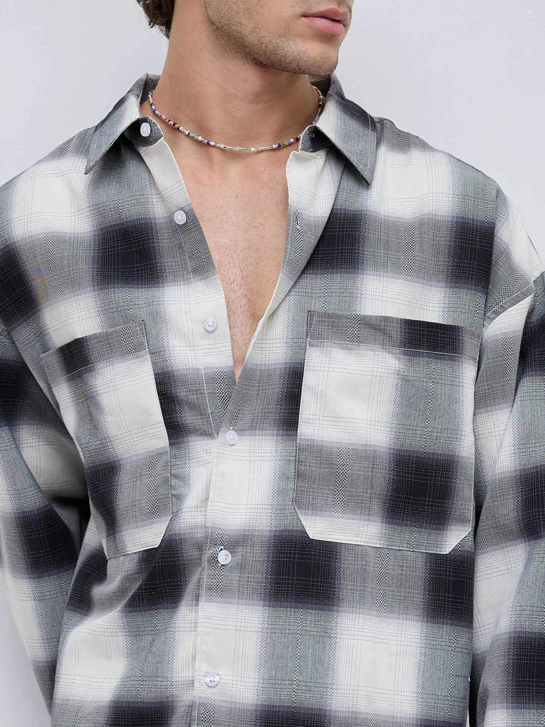 Monochrome Bold Grid Boxy Fit Crop Utility Shirt - Image 3