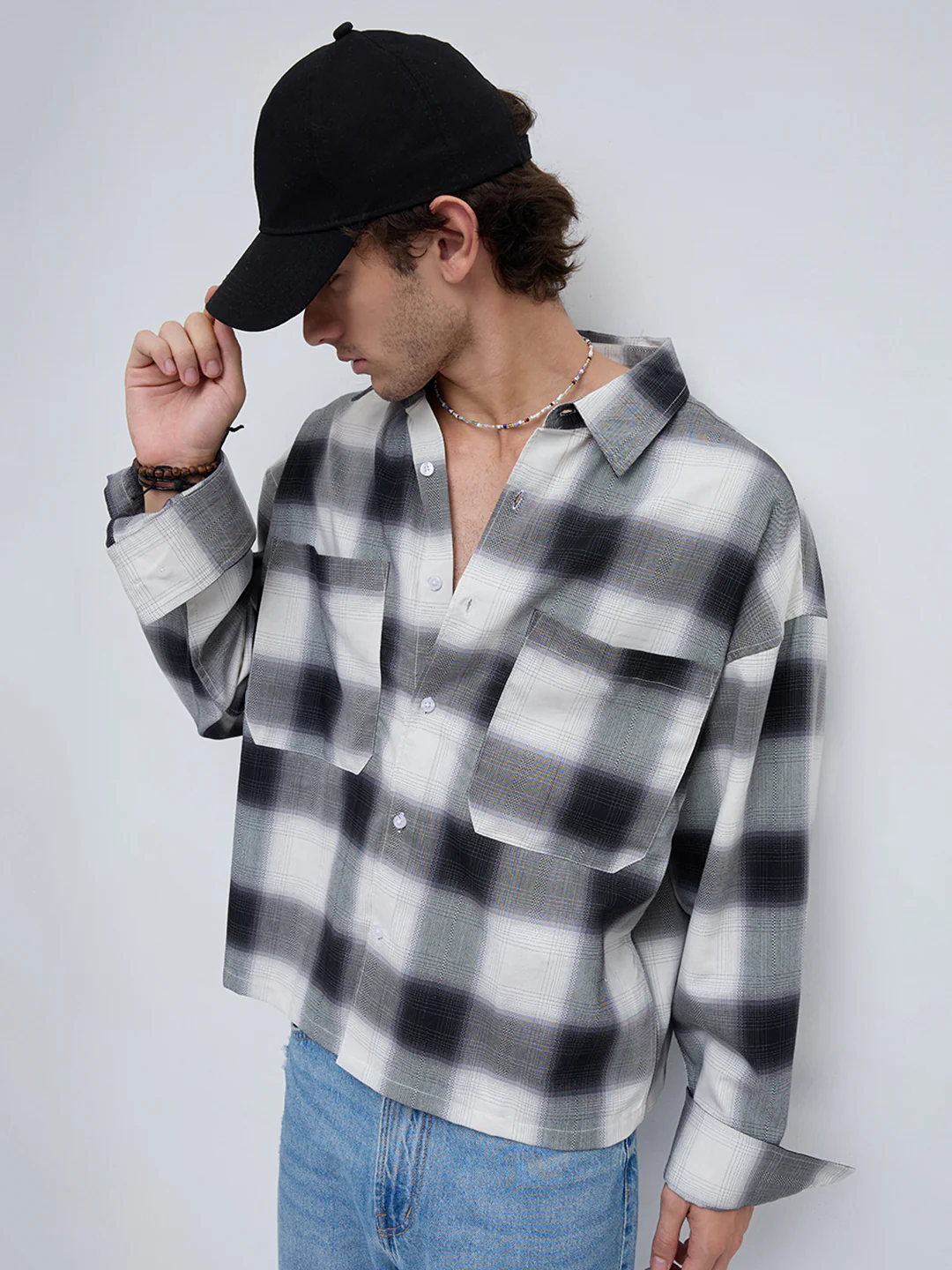 Monochrome Bold Grid Boxy Fit Crop Utility Shirt - Image 5