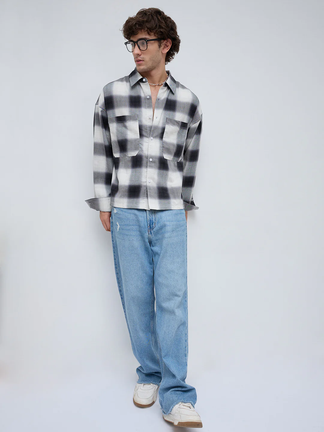 Monochrome Bold Grid Boxy Fit Crop Utility Shirt - Image 8