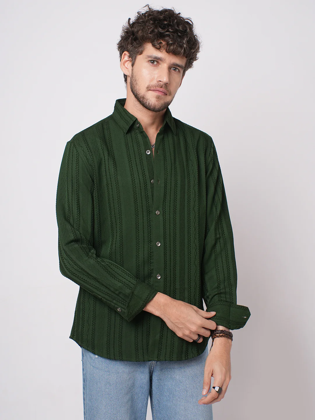 Mughal Green Jacquard Striped Shirt - Image 5