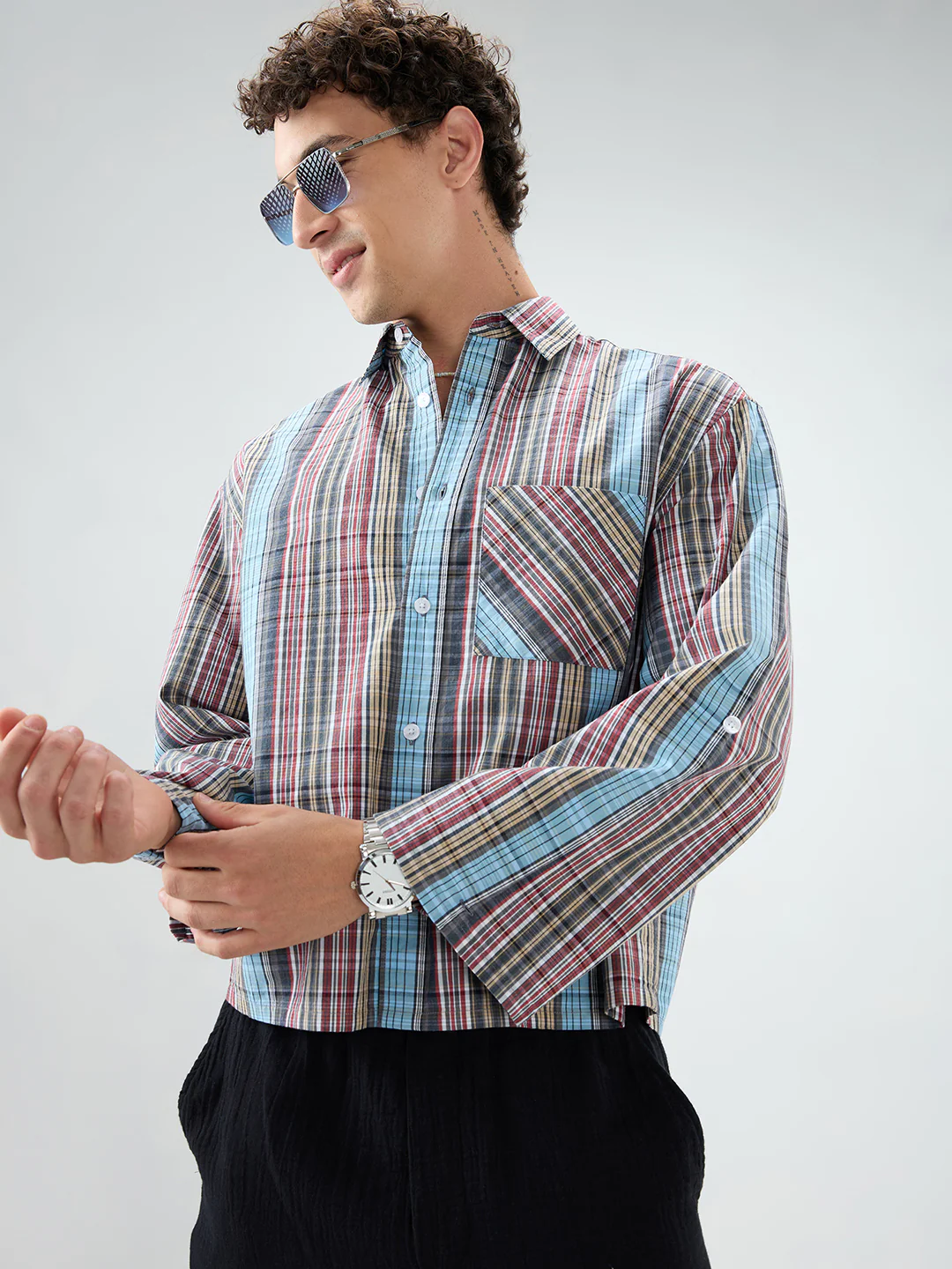 Multi Stripe Fusion Checks Cuffless Oversized Crop Shirt - Image 6