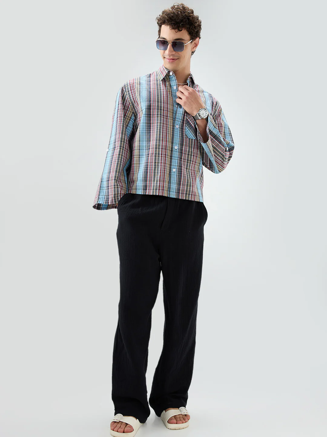 Multi Stripe Fusion Checks Cuffless Oversized Crop Shirt - Image 8