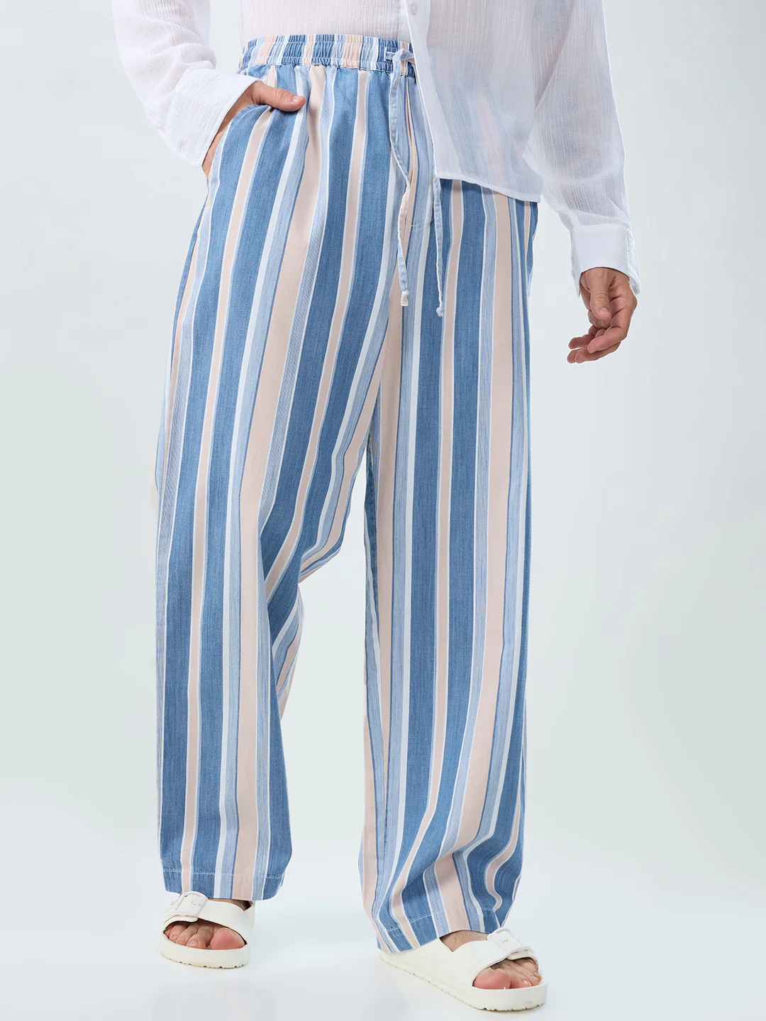 Multi-Tone Denim Striped Straight Fit Trousers - Image 5