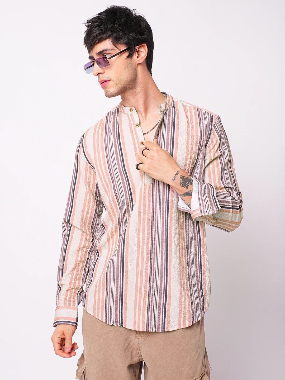 Multicolour Crinkled Striped Kurta - Image 4