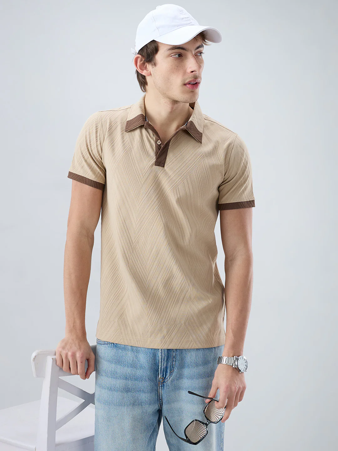 Muslin Birch Contrast Polo Neck T-shirt