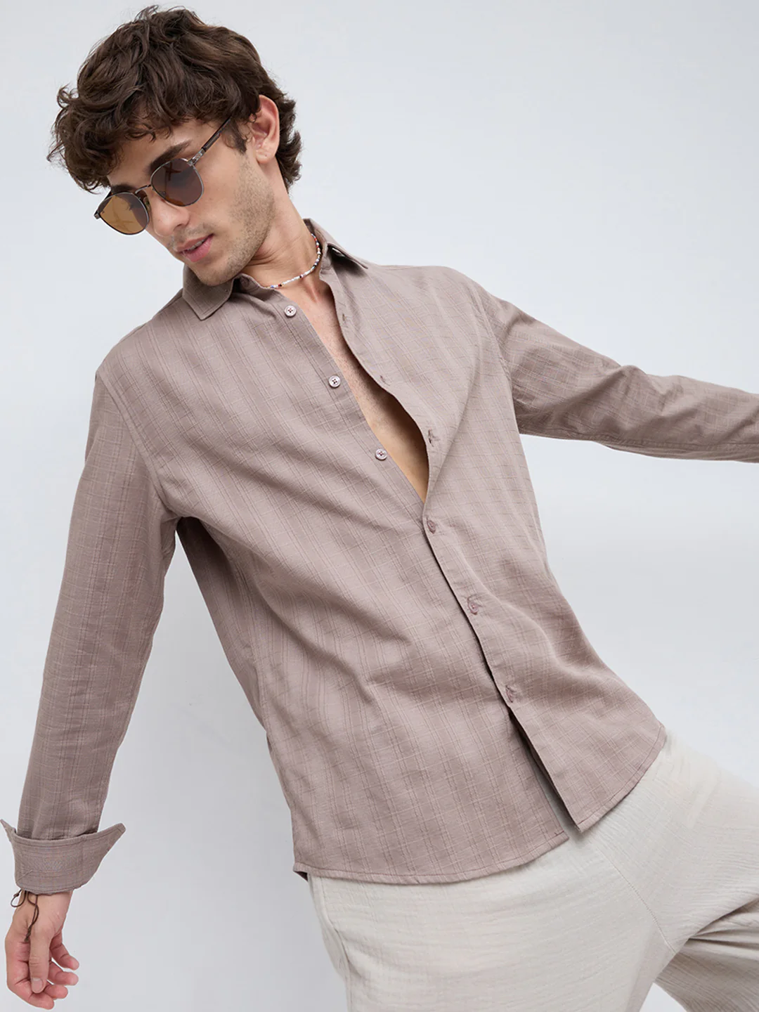 Muted Taupe Elevated Grid Detail Textured Shirt - Image 2