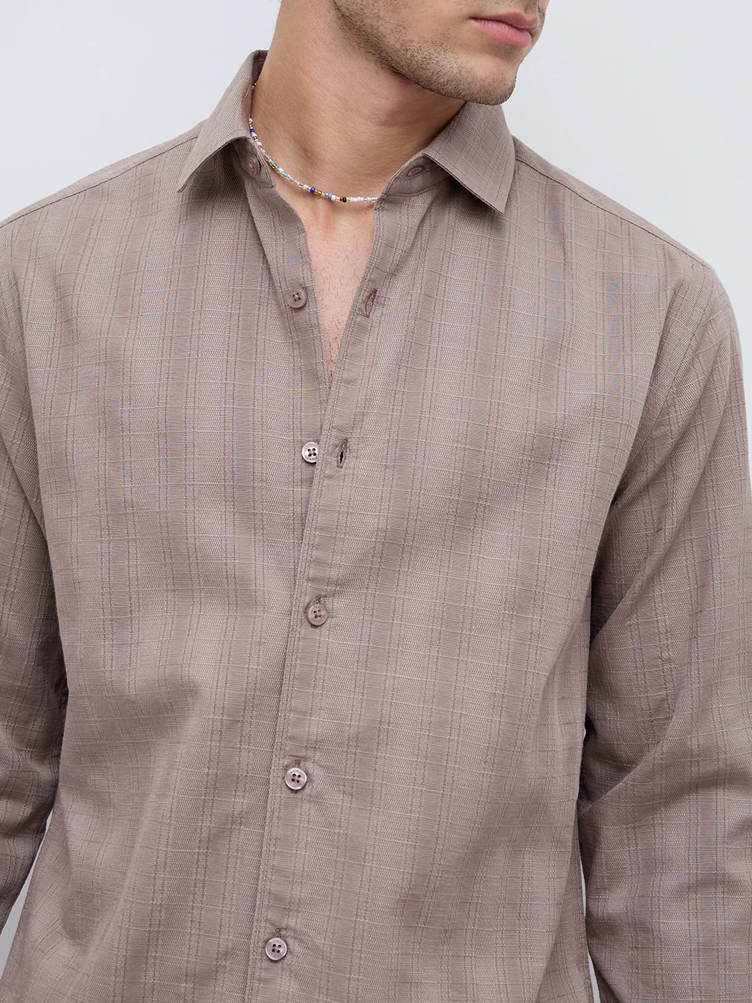 Muted Taupe Elevated Grid Detail Textured Shirt - Image 3