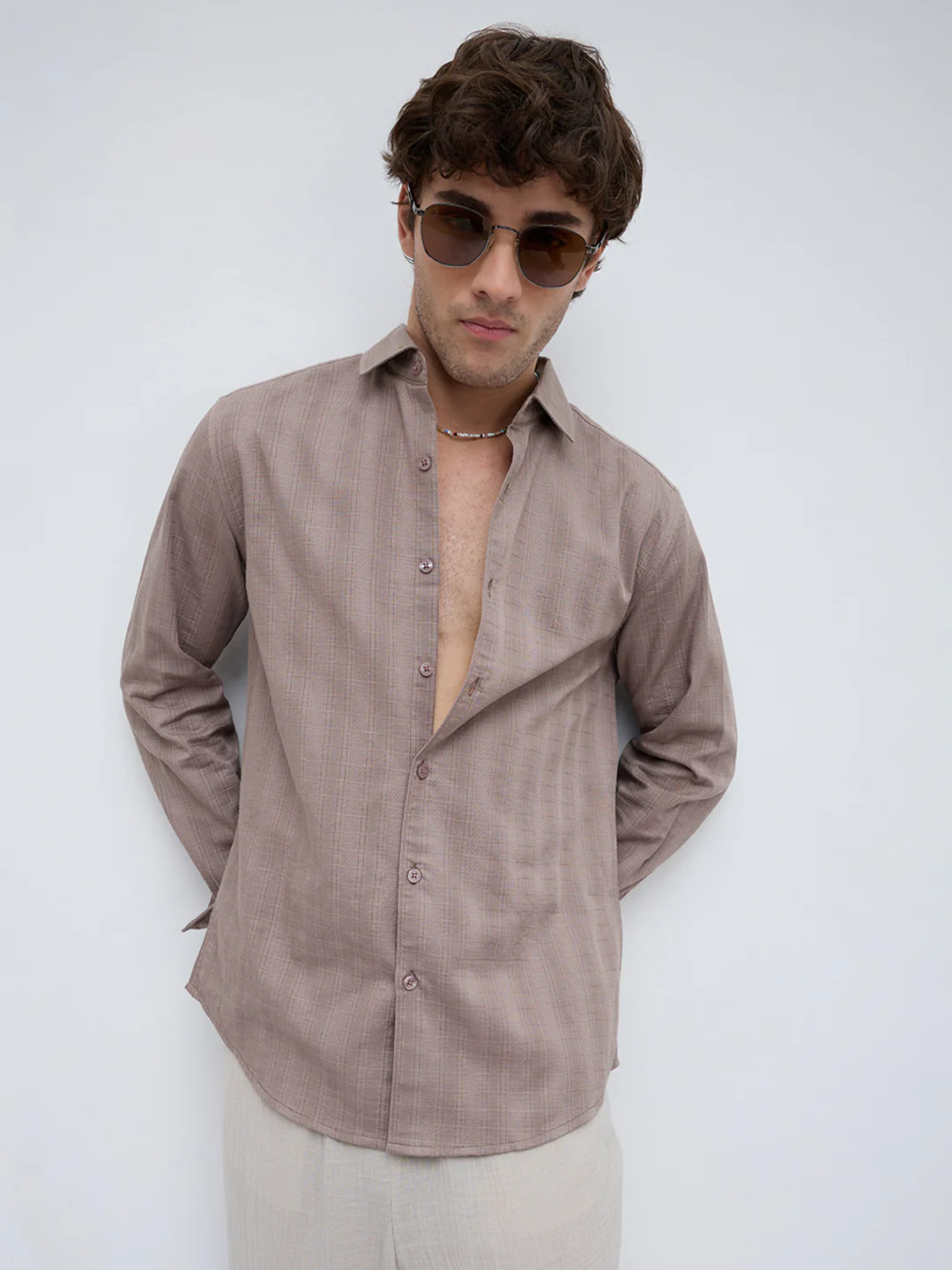 Muted Taupe Elevated Grid Detail Textured Shirt - Image 4