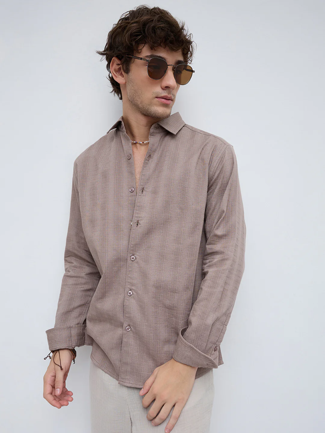 Muted Taupe Elevated Grid Detail Textured Shirt - Image 5
