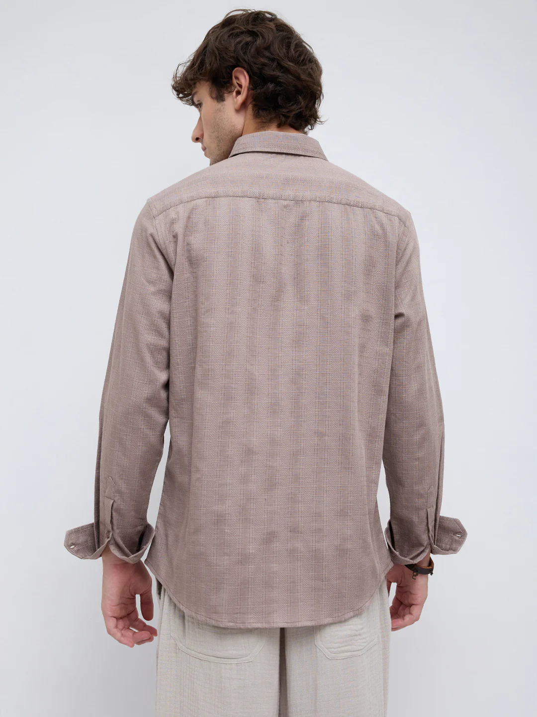 Muted Taupe Elevated Grid Detail Textured Shirt - Image 6