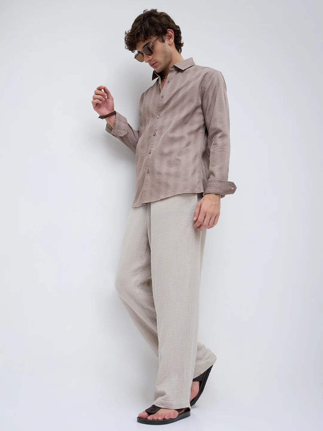 Muted Taupe Elevated Grid Detail Textured Shirt - Image 7