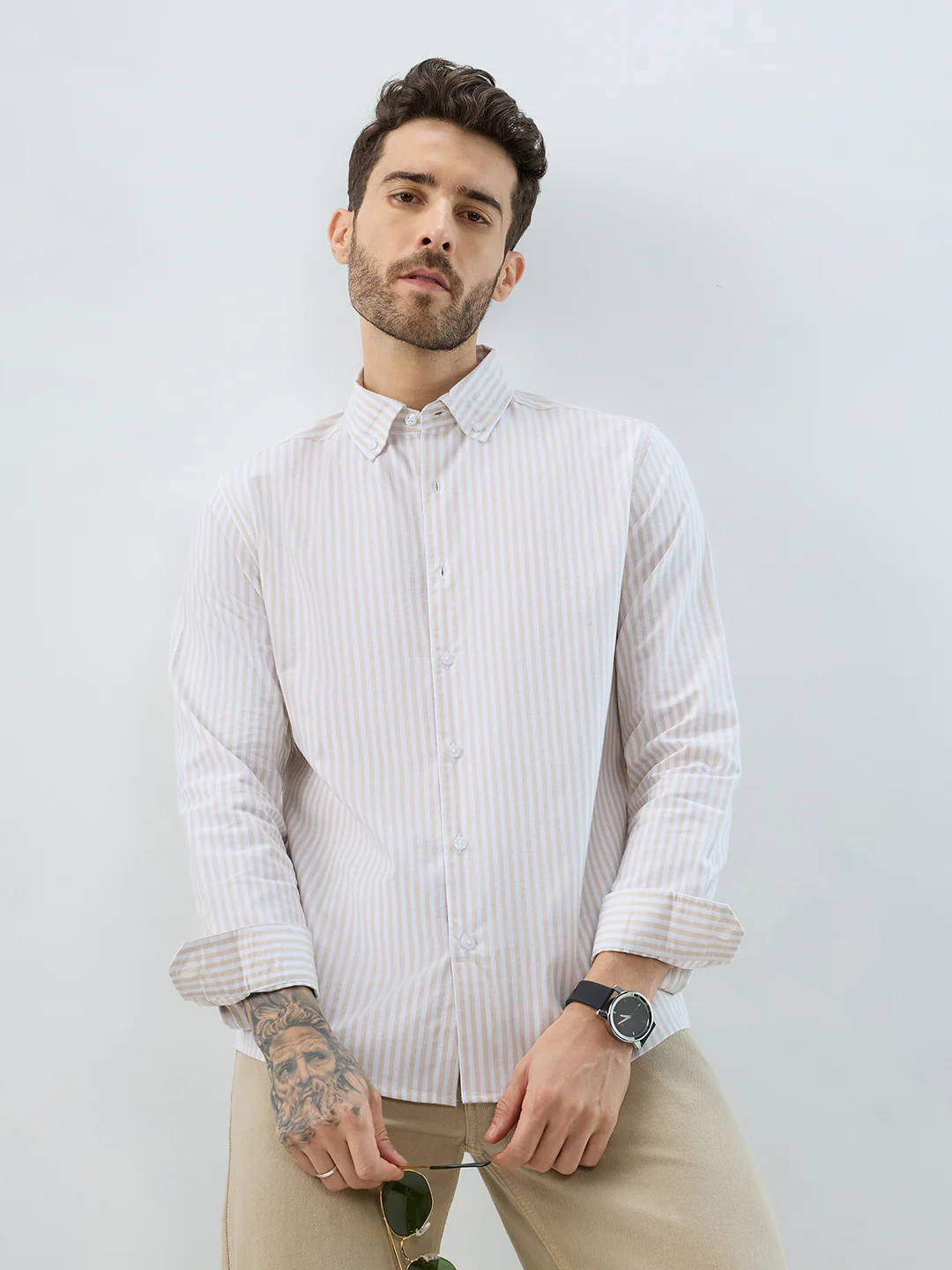 Natural Beige Candy Striped Oxford Button-Down Business Shirt