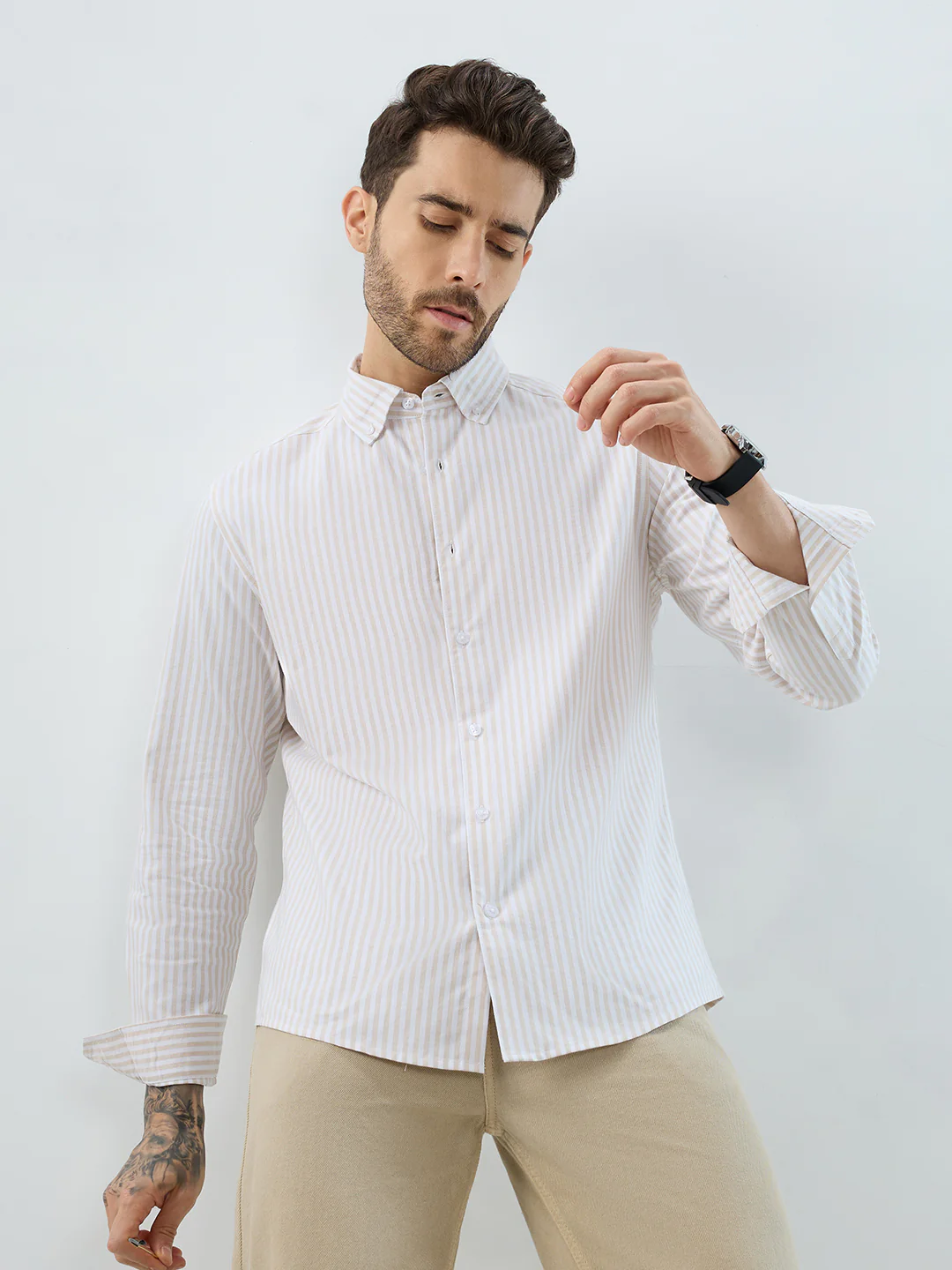 Natural Beige Candy Striped Oxford Button-Down Business Shirt - Image 2