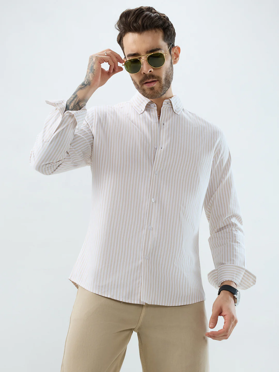 Natural Beige Candy Striped Oxford Button-Down Business Shirt - Image 4