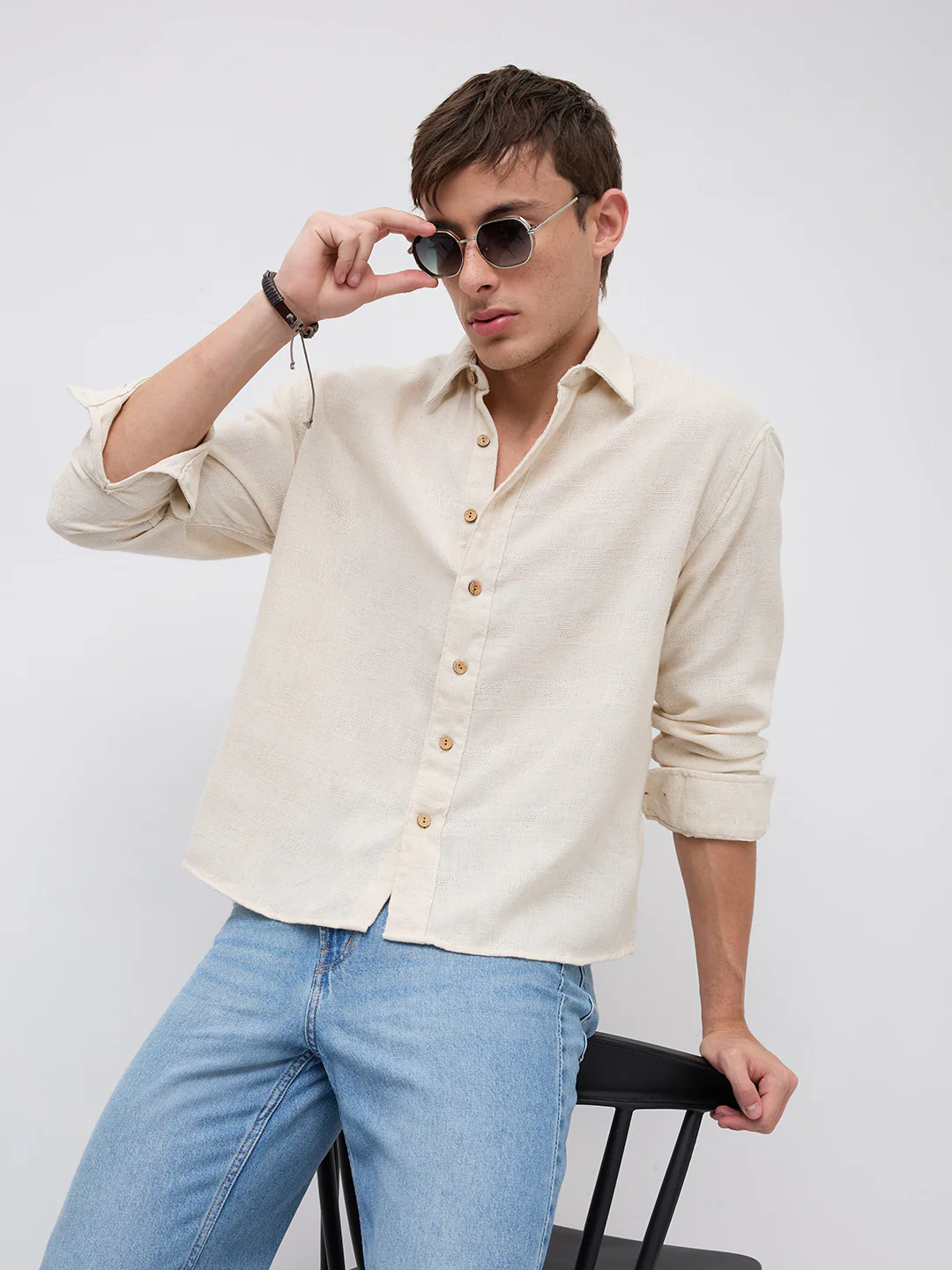 Natural Beige Grain Loom Linen Blend Boxy Fit Crop Shirt - Image 5