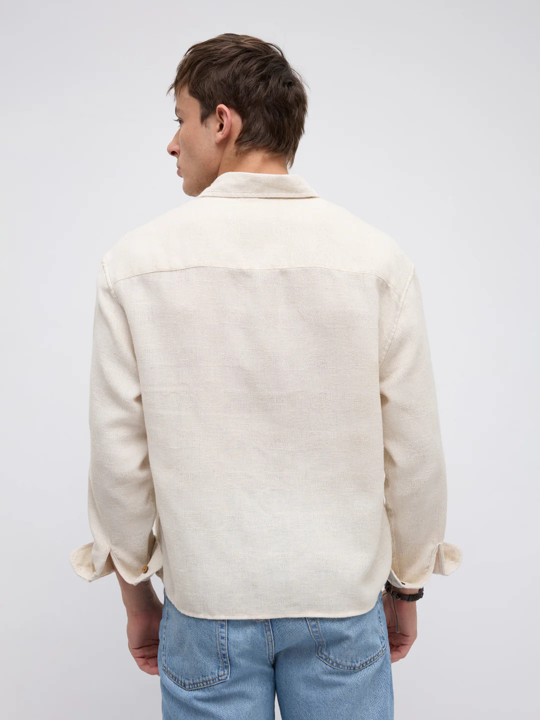 Natural Beige Grain Loom Linen Blend Boxy Fit Crop Shirt - Image 6