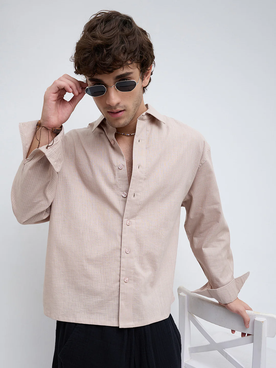 Natural Beige Sheer Fine Weave Boxy Fit Crop Shirt
