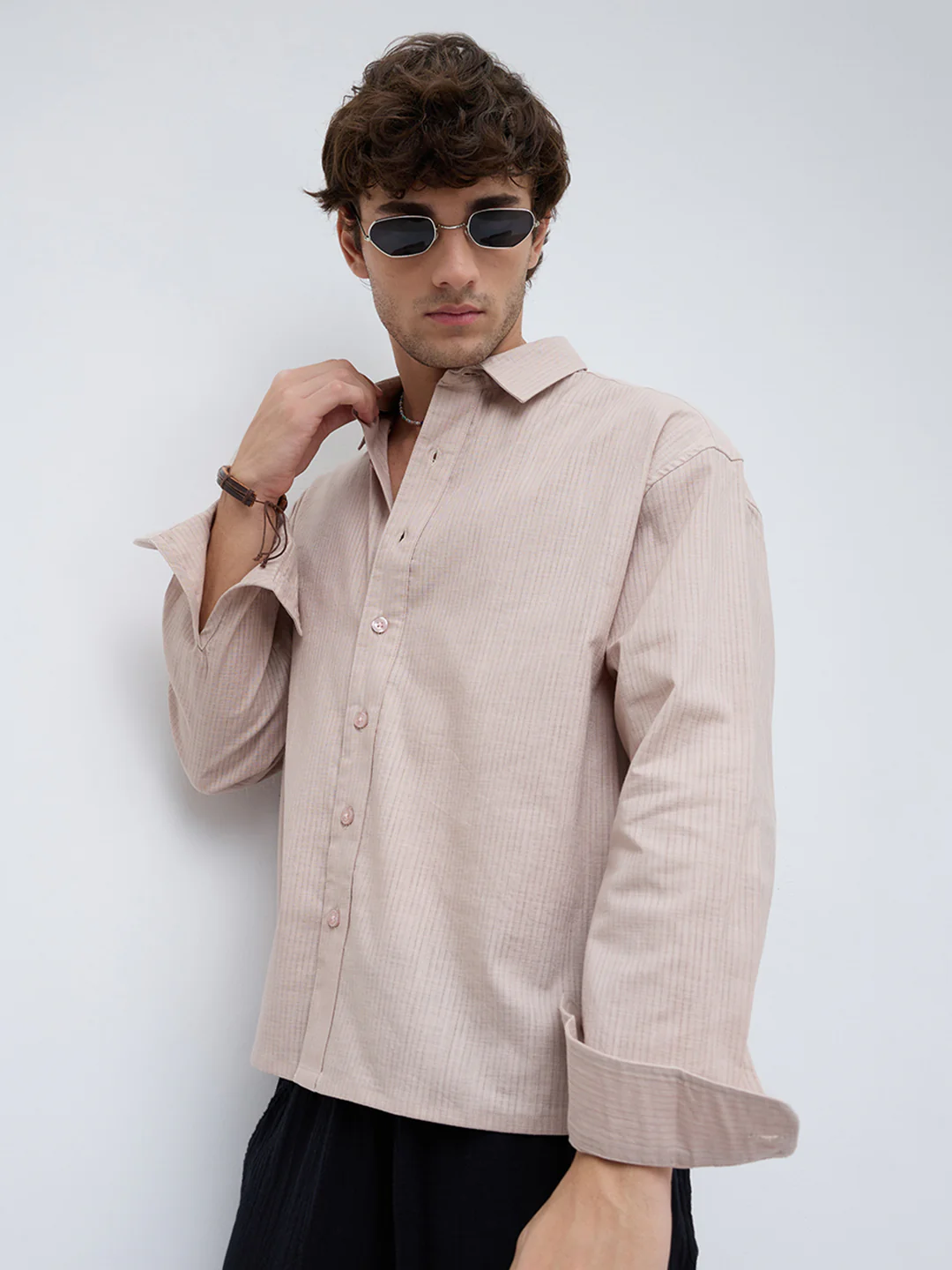 Natural Beige Sheer Fine Weave Boxy Fit Crop Shirt - Image 2