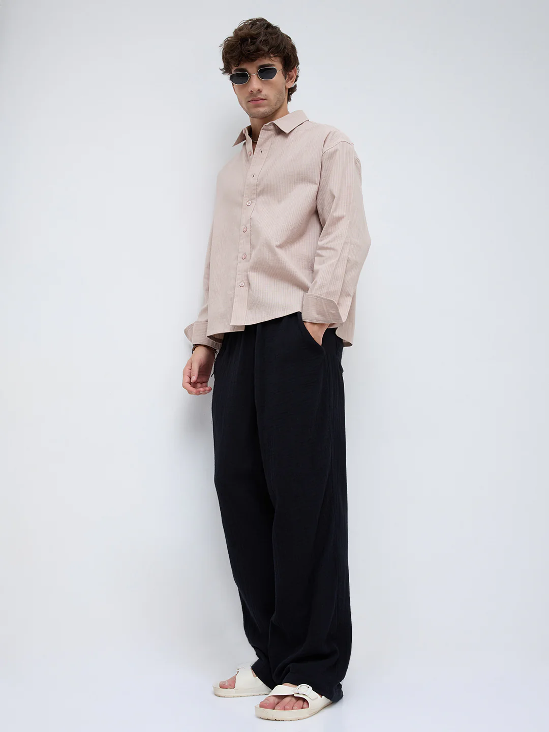 Natural Beige Sheer Fine Weave Boxy Fit Crop Shirt - Image 8
