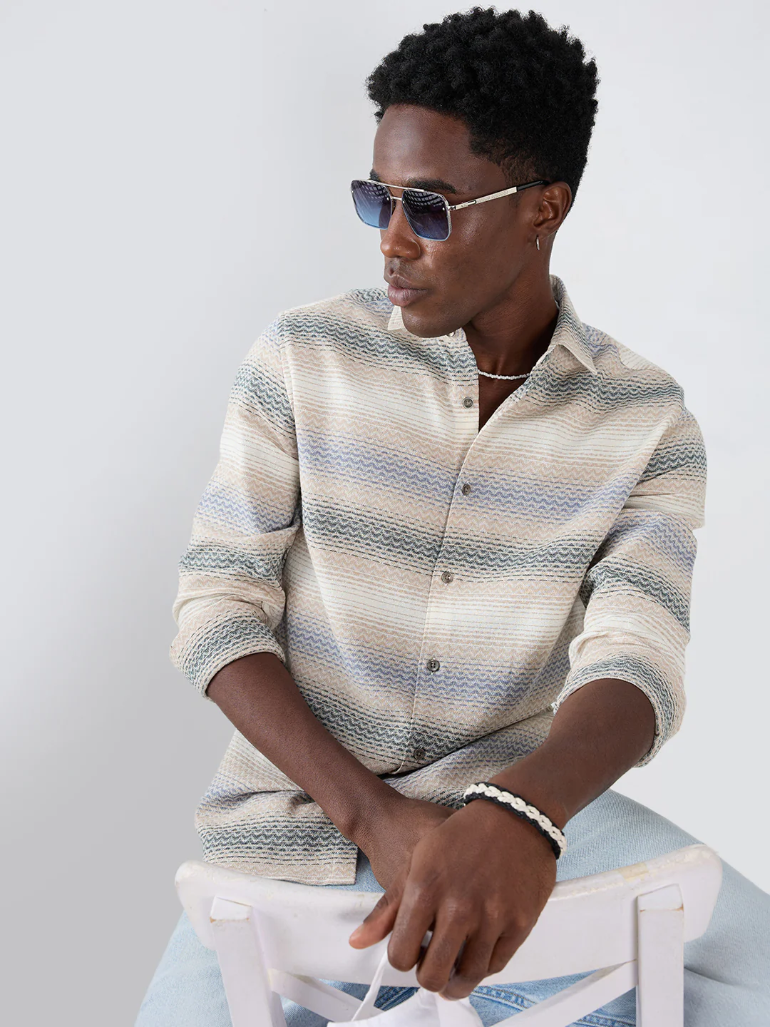 Natural Sand Beige Contrast Motif Striped Shirt