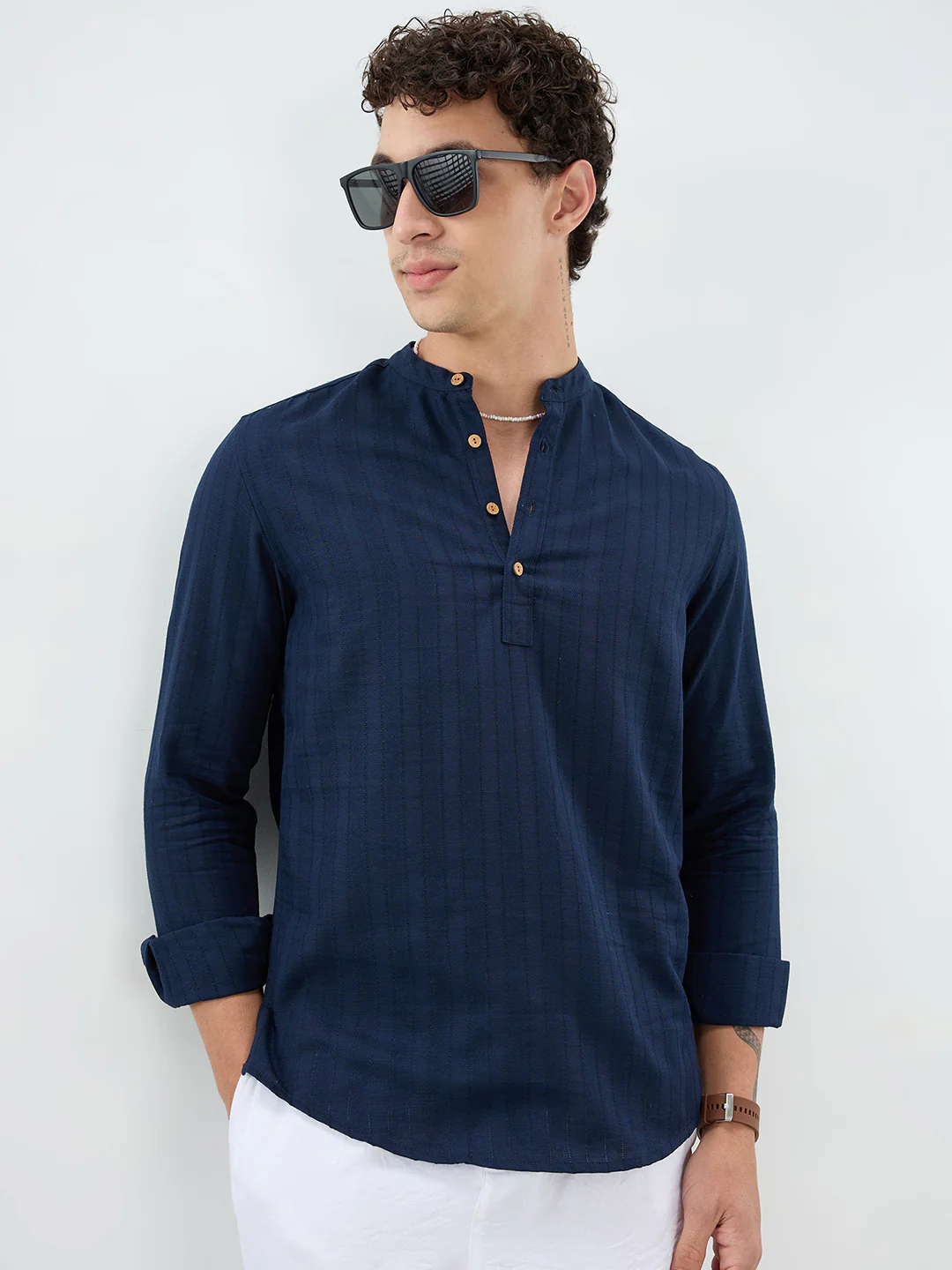 Navy Ladder Striped Subtle Textured Kurta - Image 2