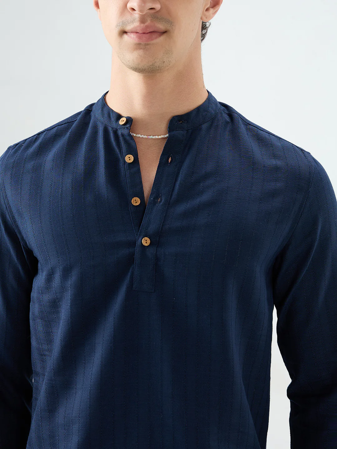 Navy Ladder Striped Subtle Textured Kurta - Image 3