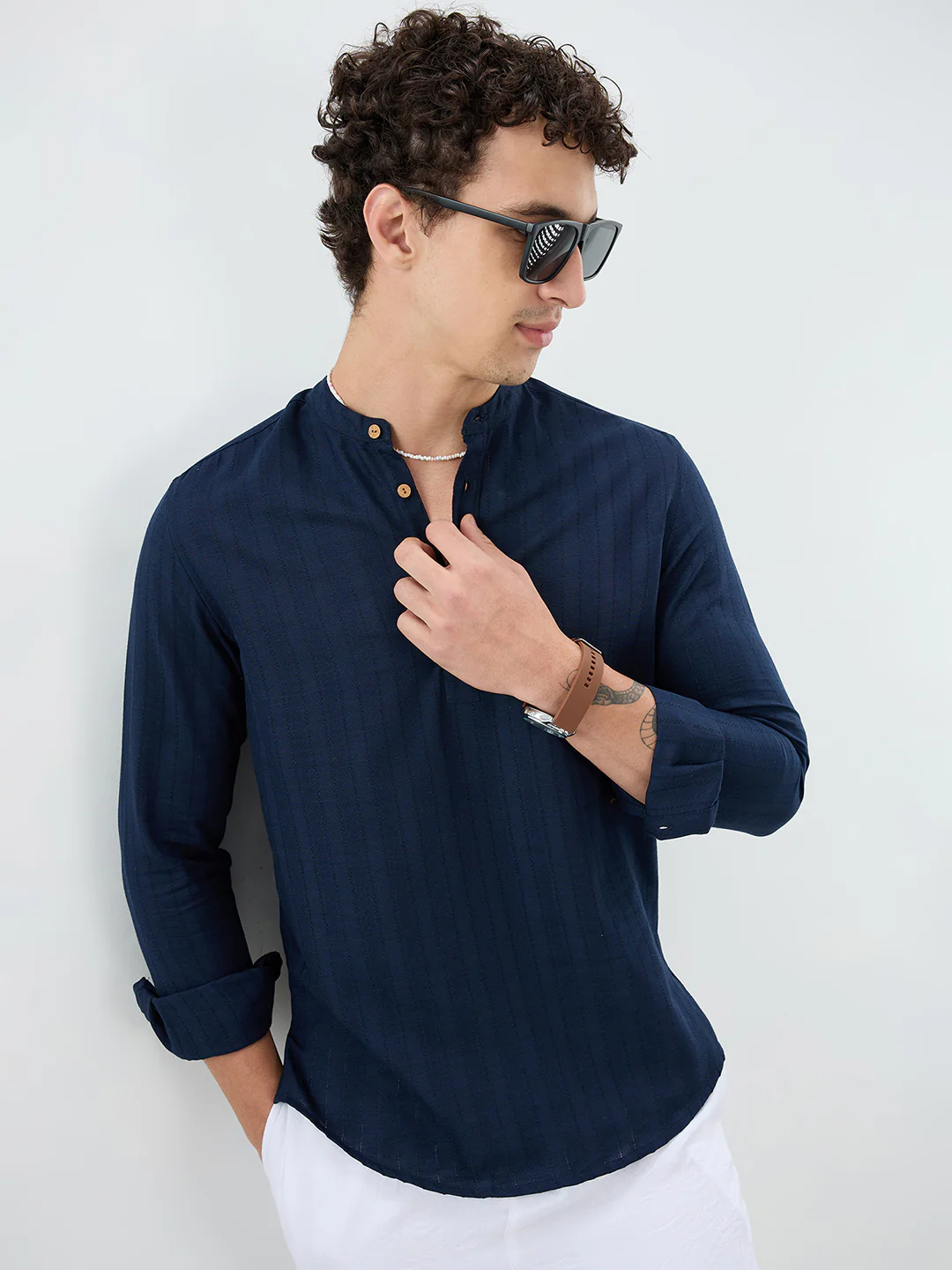 Navy Ladder Striped Subtle Textured Kurta - Image 4