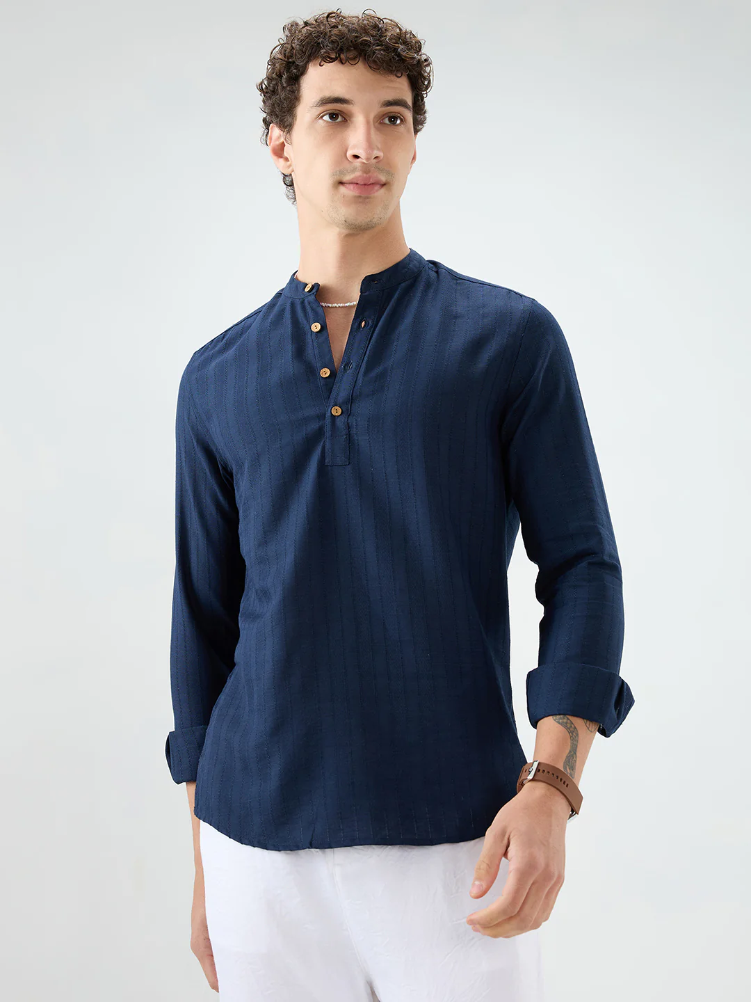 Navy Ladder Striped Subtle Textured Kurta - Image 5