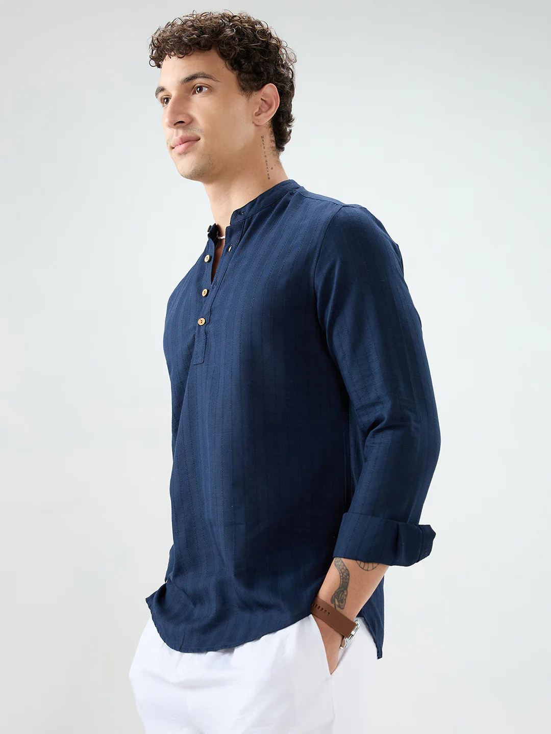 Navy Ladder Striped Subtle Textured Kurta - Image 6