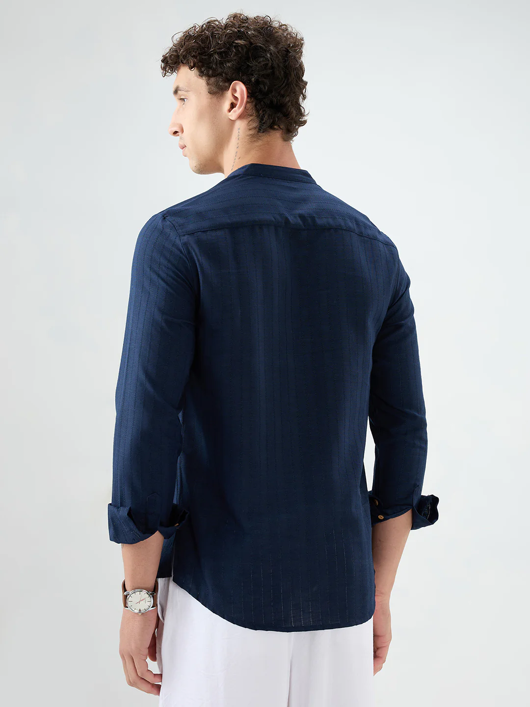 Navy Ladder Striped Subtle Textured Kurta - Image 7
