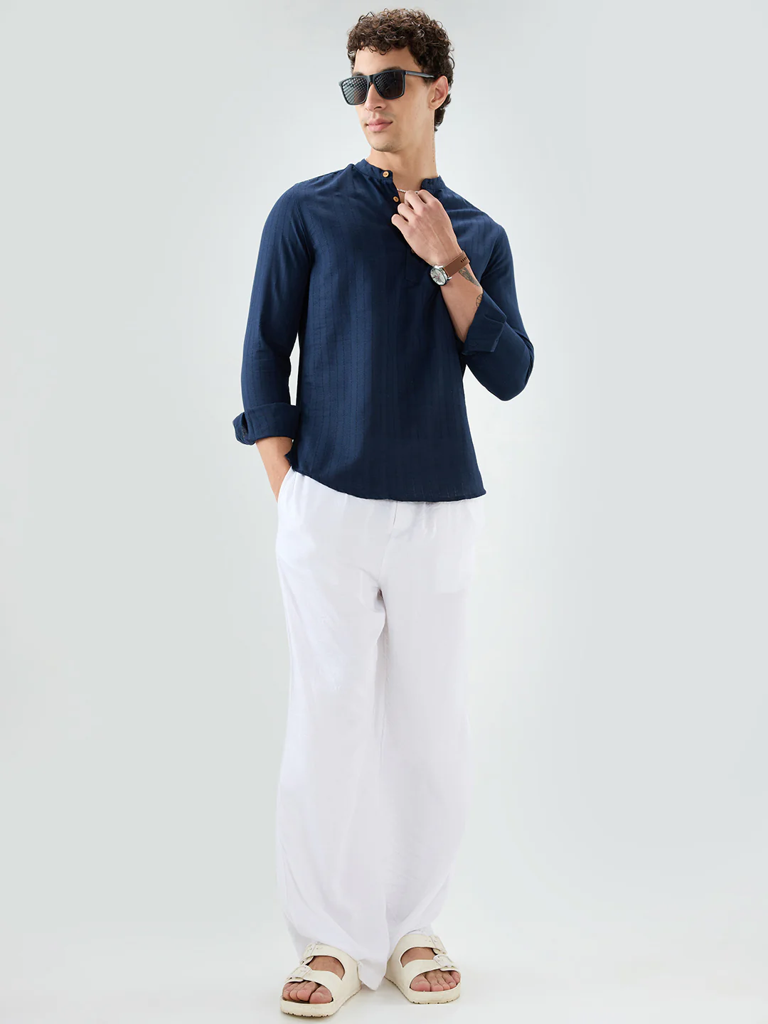 Navy Ladder Striped Subtle Textured Kurta - Image 8