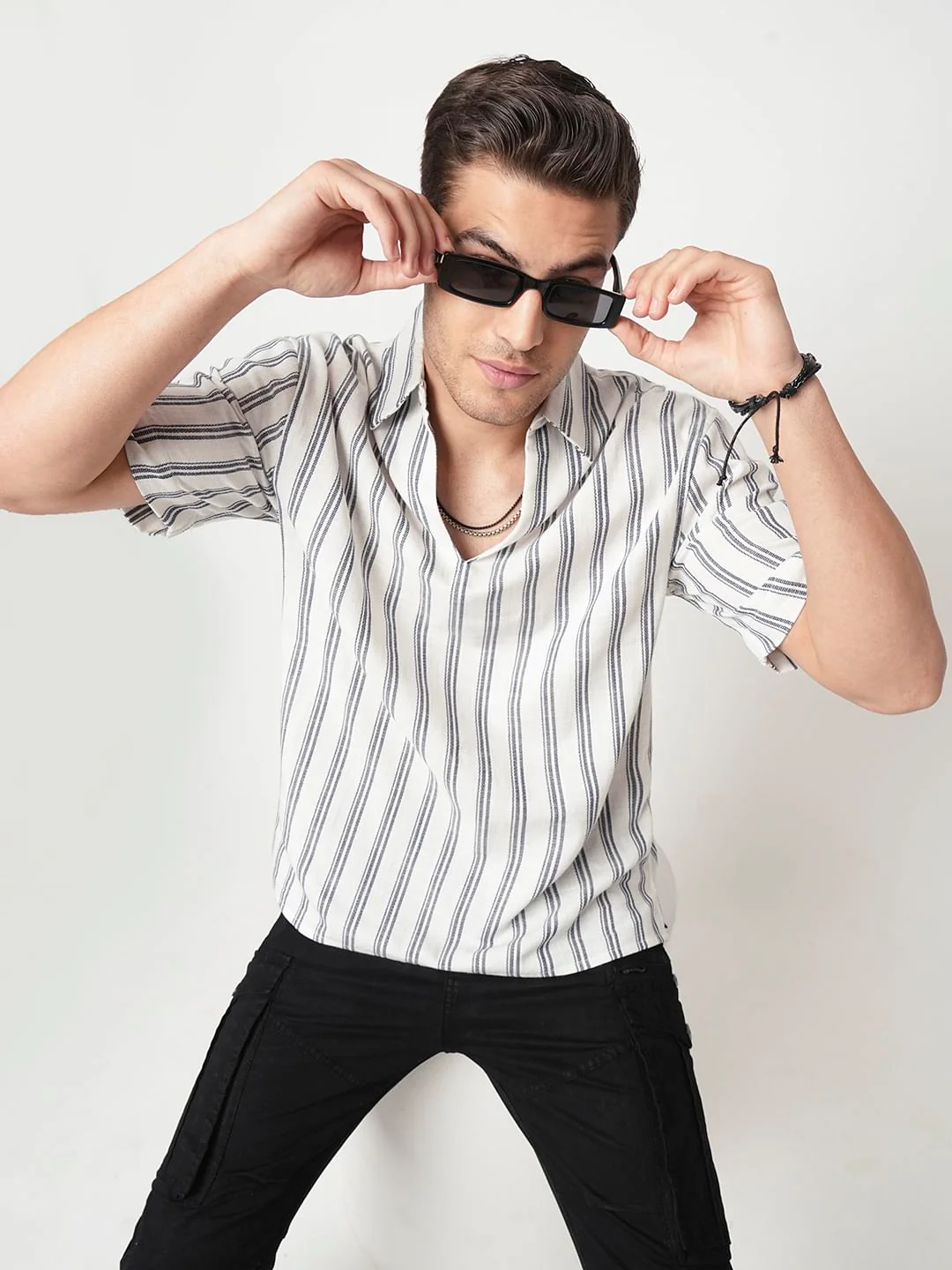 Navy & Off-White Striped Oversized Polo Shirt - Image 2