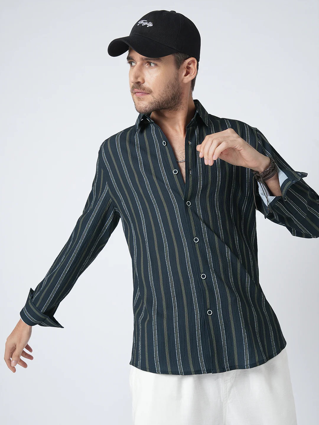 Navy & Olive Contrast Striped Crinkled Shirt - Image 4