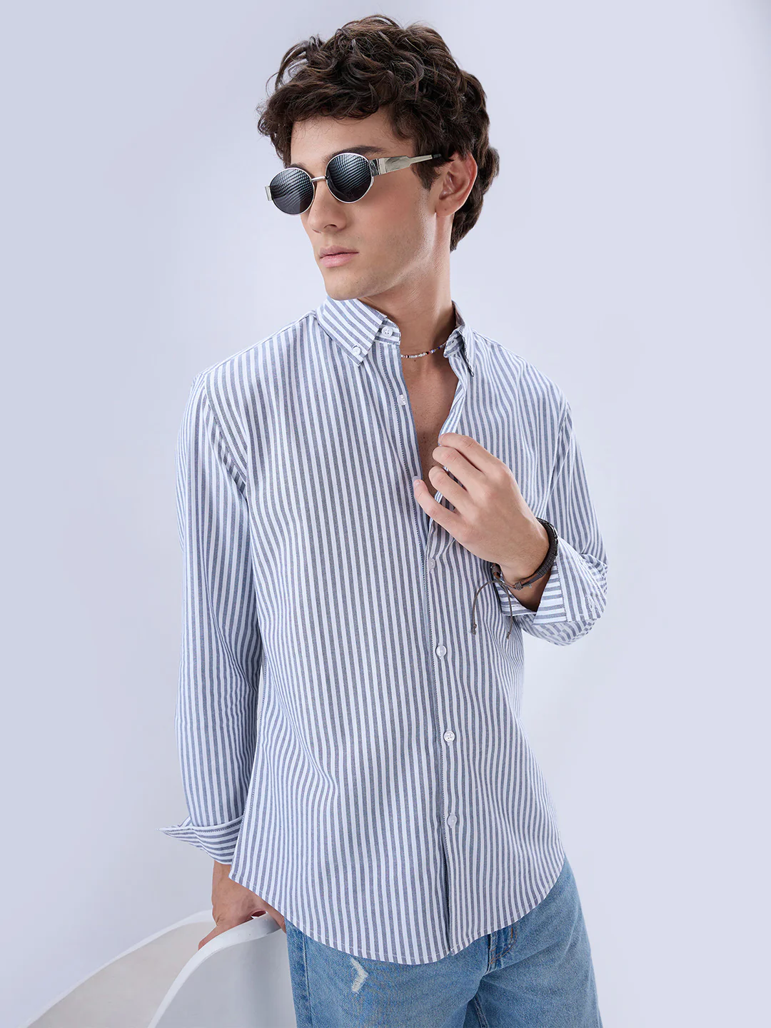 Navy Oxford Vertical Striped Button Down Collar Shirt