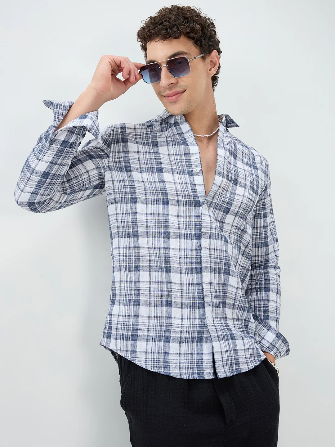 Navy & White Plaid Checks Textured Shirt - Image 2
