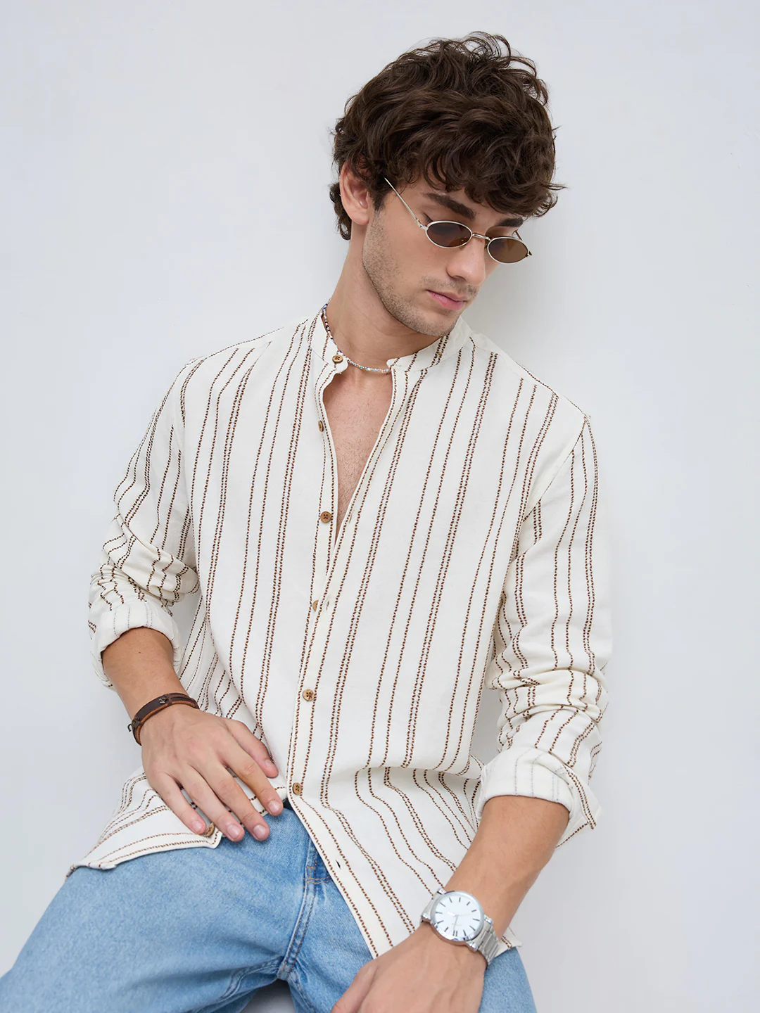 Off White & Olive Embroidered Striped Mandarin Shirt