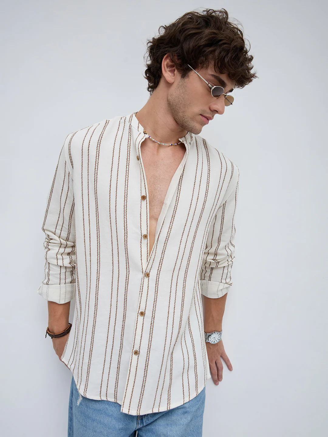 Off White & Olive Embroidered Striped Mandarin Shirt - Image 2