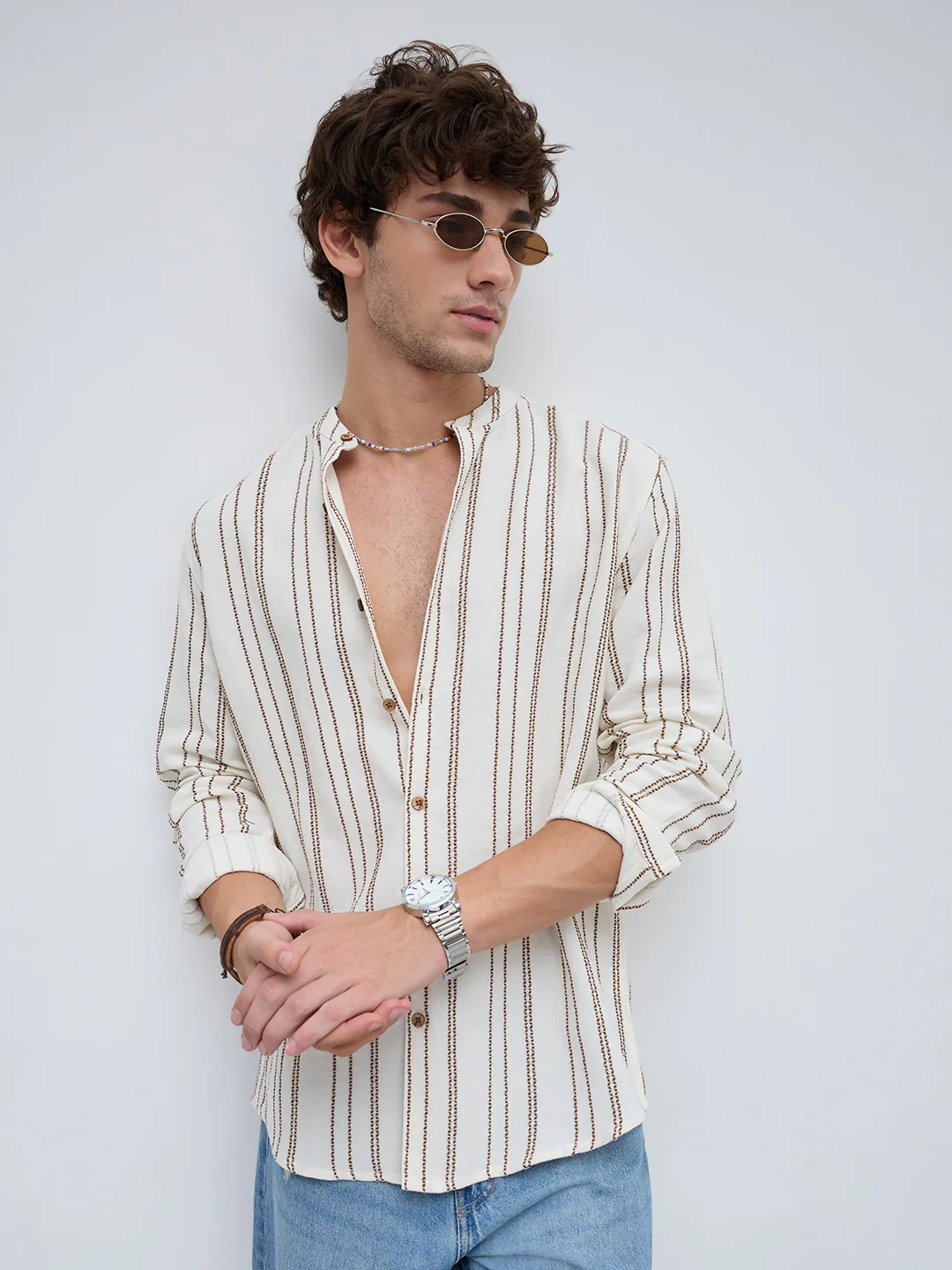 Off White & Olive Embroidered Striped Mandarin Shirt - Image 4