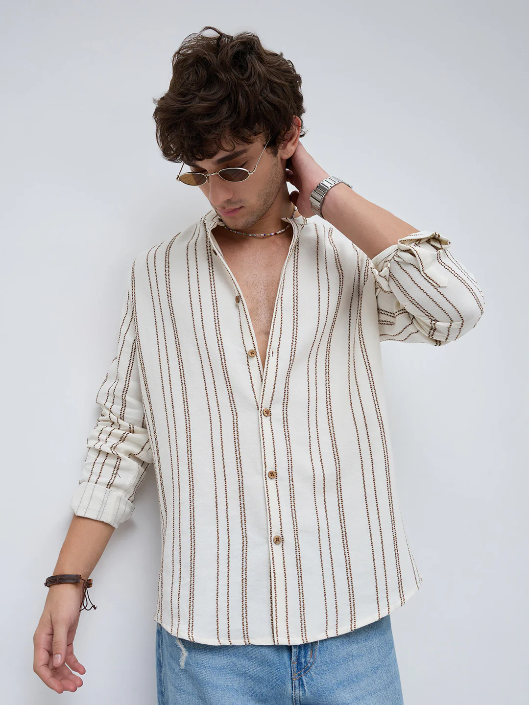 Off White & Olive Embroidered Striped Mandarin Shirt - Image 5