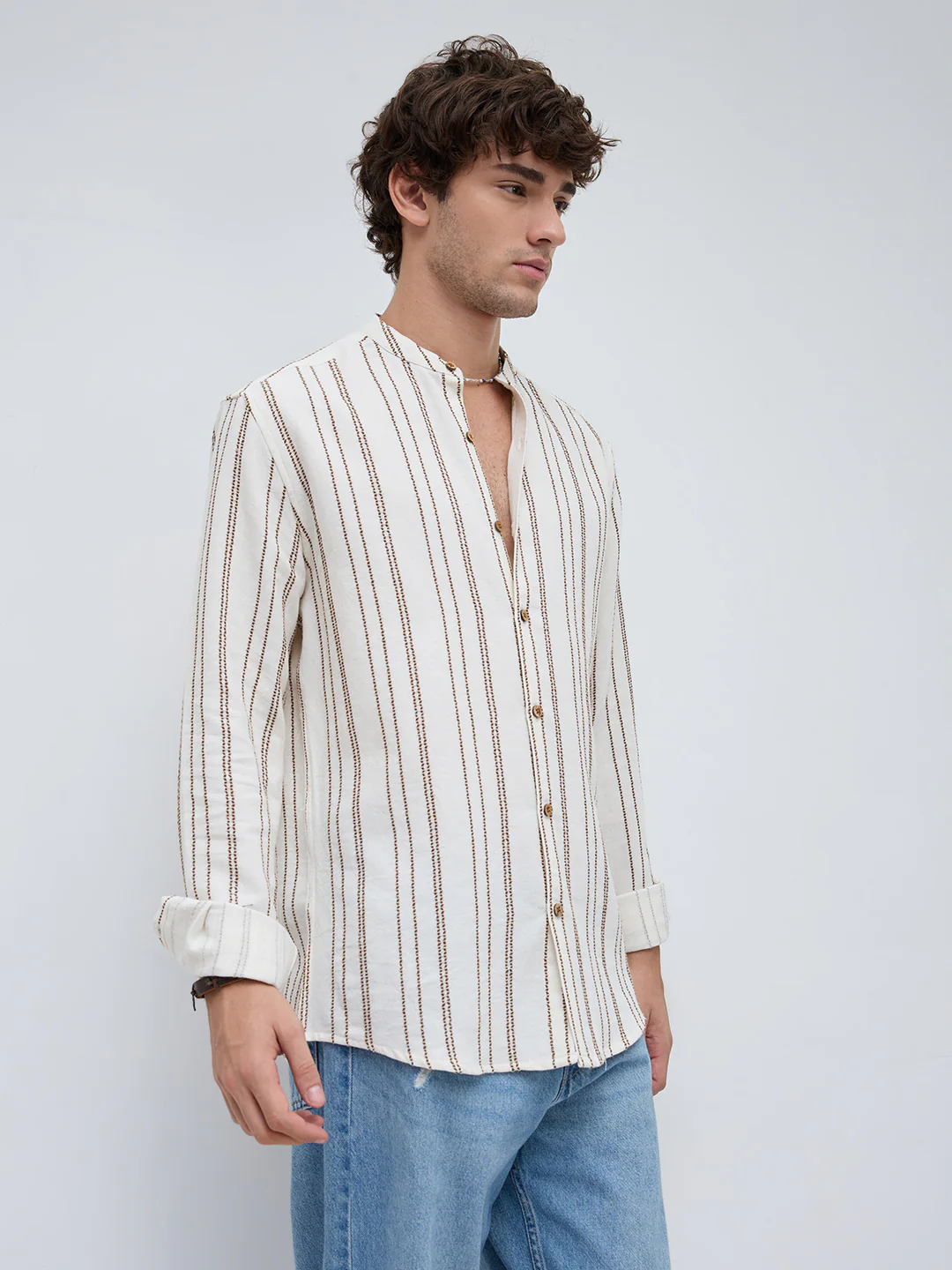 Off White & Olive Embroidered Striped Mandarin Shirt - Image 6