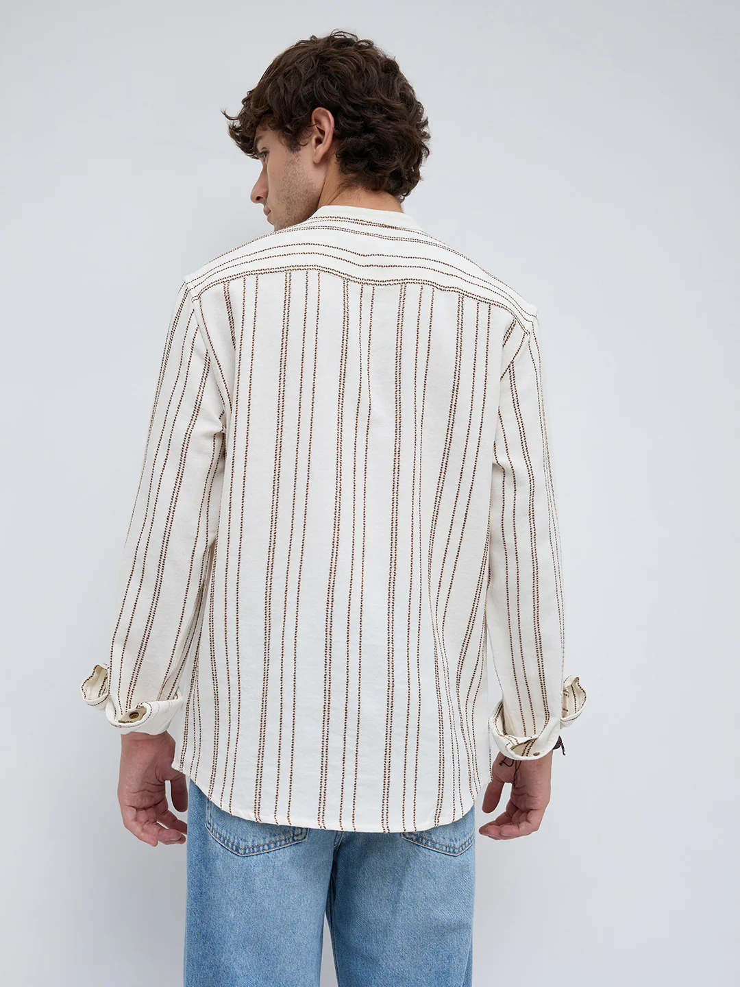 Off White & Olive Embroidered Striped Mandarin Shirt - Image 7