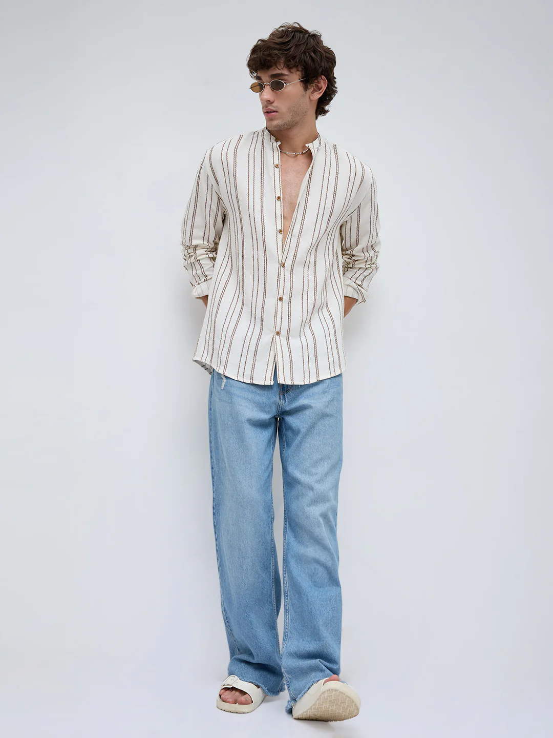 Off White & Olive Embroidered Striped Mandarin Shirt - Image 8