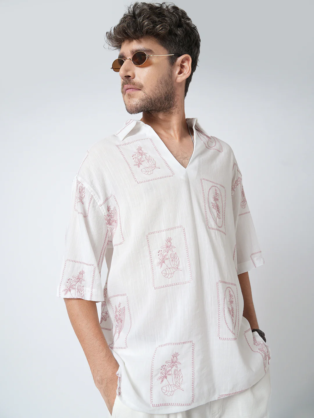 Old Rose Pink Floreal Frame Embroidery Polo Oversized Shirt