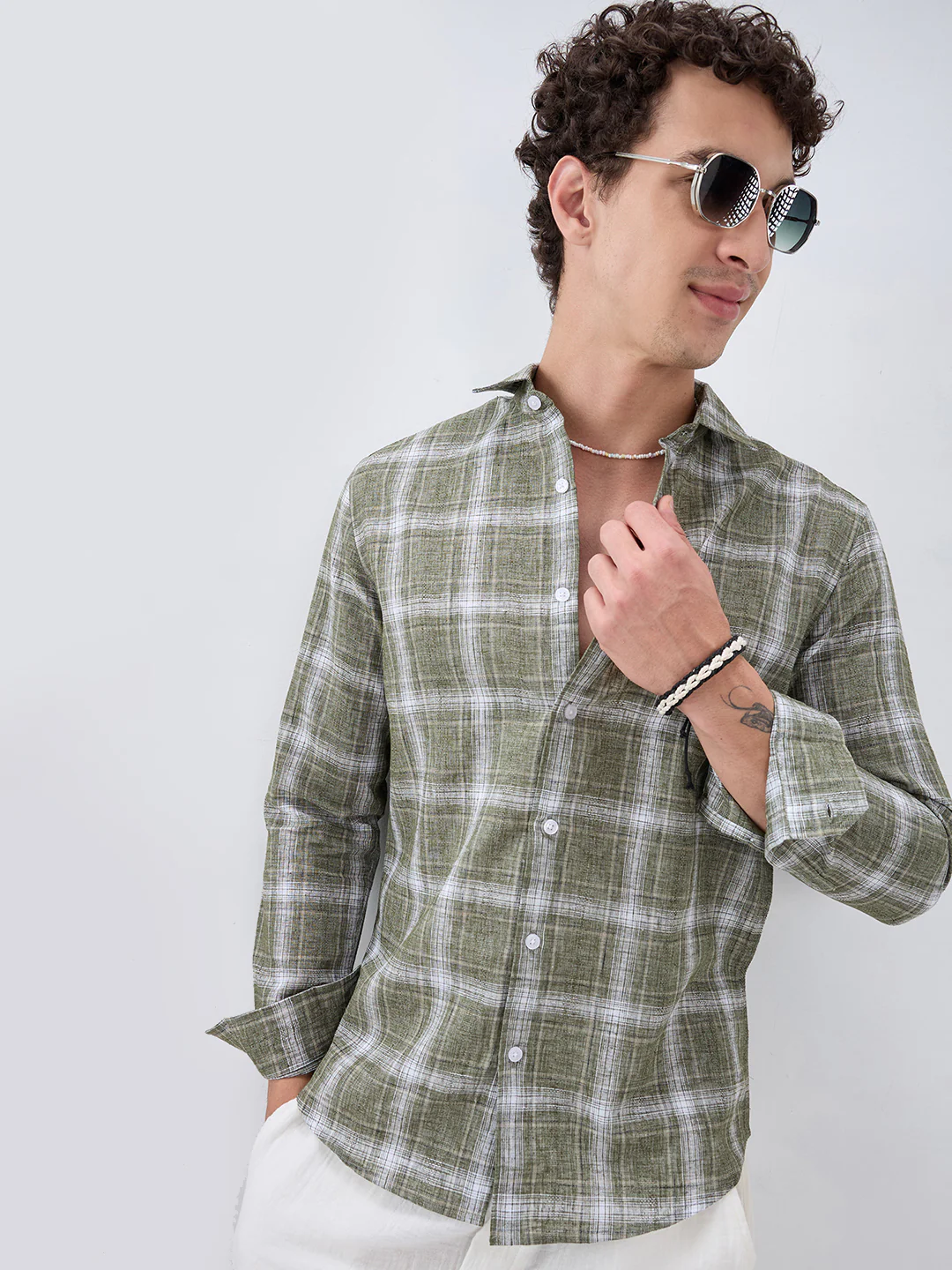 Olive Abstract Grid Checks Textured Shirt - Image 2