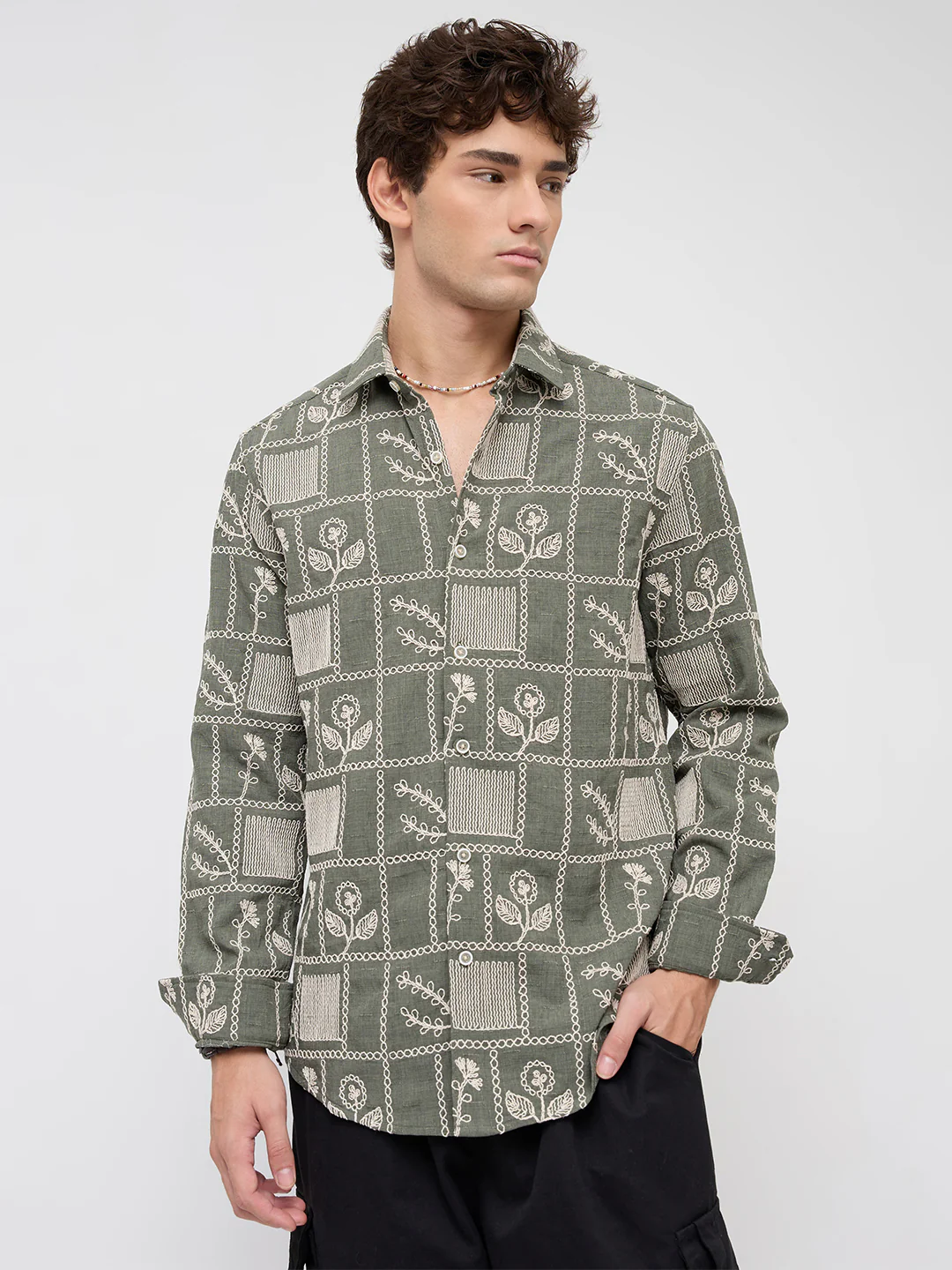 Olive Artisan Frame Embroidered Slub Shirt - Image 5