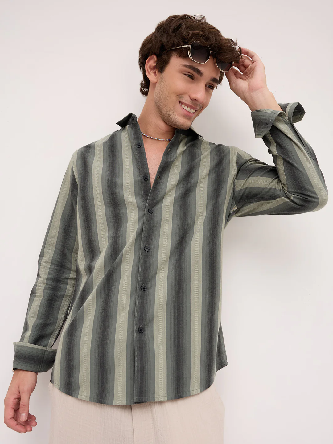 Olive Atrisan Shadow Woven Striped Statement Shirt - Image 2