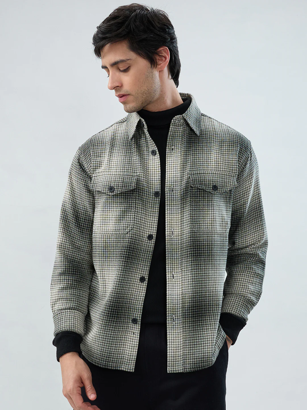 Olive & Black Houndstooth Checks Double Pocket Flannel Shirt - Image 4