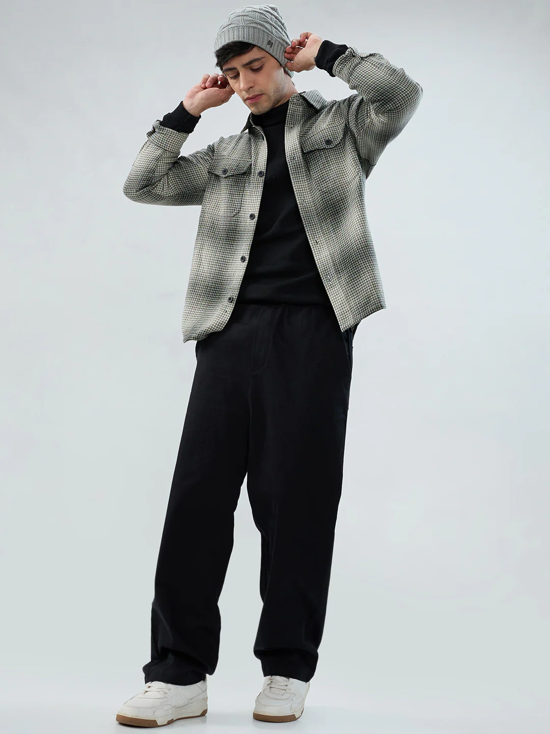 Olive & Black Houndstooth Checks Double Pocket Flannel Shirt - Image 7